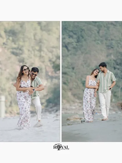 A diptych of a couple in matching floral outfits enjoying a walk on the sandy riverbank.