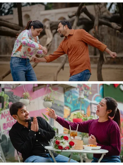 A playful collage from a pre-wedding shoot, showing the couple's fun and quirky side, from mock fights to funny faces.