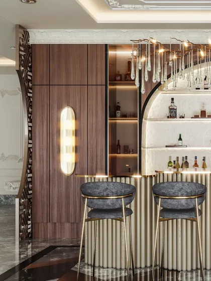 Another detail of the bar area, showing the intricate woodwork and the warm, inviting lighting.