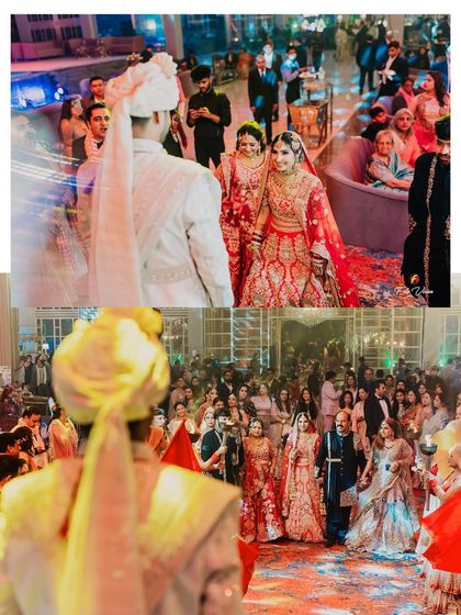 The bride's grand entrance is a pivotal moment. We capture the anticipation from the groom's perspective as Srishti walks towards him, surrounded by loved ones on a petal strewn aisle.