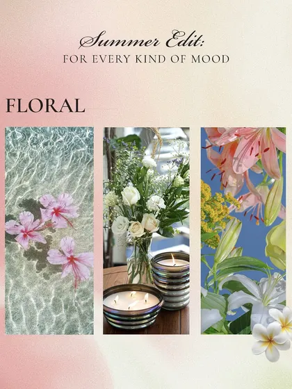 This floral summer mood board evokes the feeling of tropical blooms and clear water, a perfect match for the floral and iridescent notes of my Scented Utopia collection.