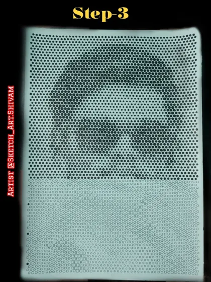 Step 3 of the dot portrait: the image is starting to emerge as I fill in the dots in the upper half of the paper.