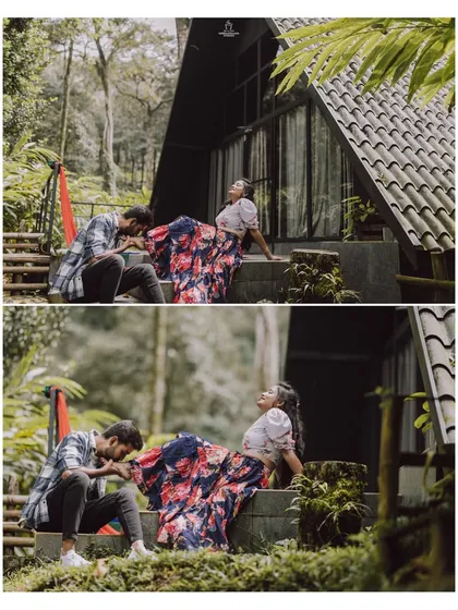 A playful and romantic moment captured at a resort, showcasing a couple's chemistry in a natural, relaxed setting.