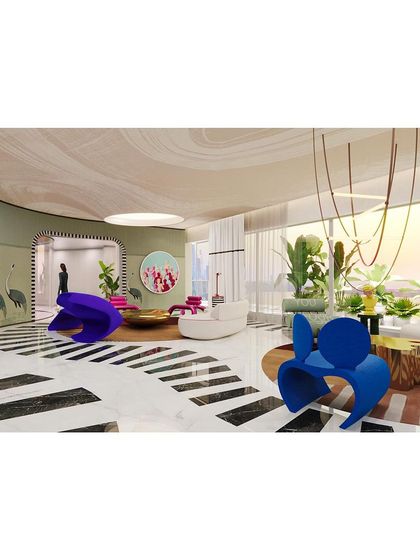 A wide view of the living space, where every detail is a masterpiece. From the curved purple sofa to the striped flooring, this is a lifestyle as eclectic as it is exquisite.