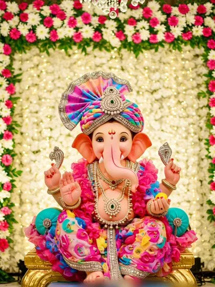 I love working with clients year after year to create their dream Ganpati decor. This setup features a beautiful arch of pink and white flowers over a dense white floral backdrop, perfectly complementing the client's colorful idol.