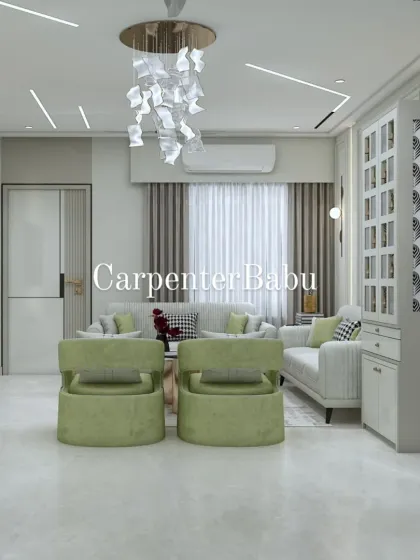 This living room uses soft green armchairs to add a refreshing touch of color. The patterned storage cabinet and modern furniture create a chic and comfortable setting.