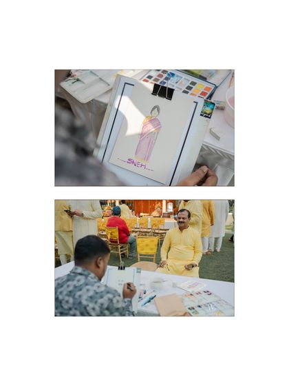 A collage showing the live portrait station in action. A talented artist captures the likeness of a guest, adding an interactive and artistic element to the Haldi celebration.