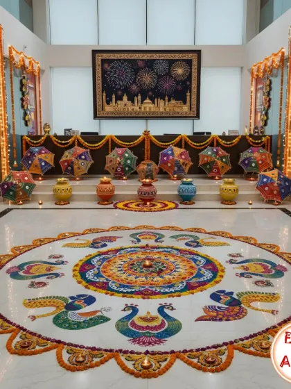 The entrance to this corporate office was transformed with a grand and detailed rangoli featuring peacock designs made from colored powder and flower petals. This large scale floor art, combined with colorful umbrellas and traditional decor, made for a spectacular welcome.