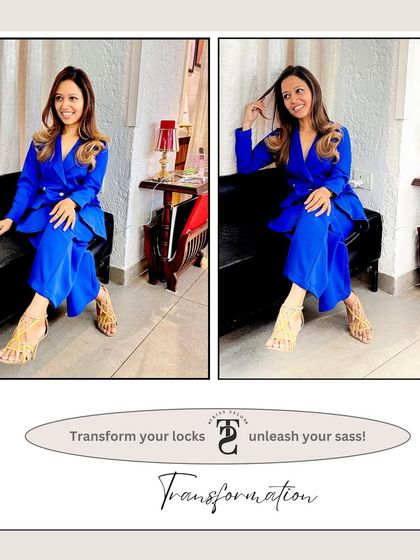 This client is simply enchanted by her lavish hair transformation. The photo shows off her new color and style, a testament to the beautiful results I strive to deliver.