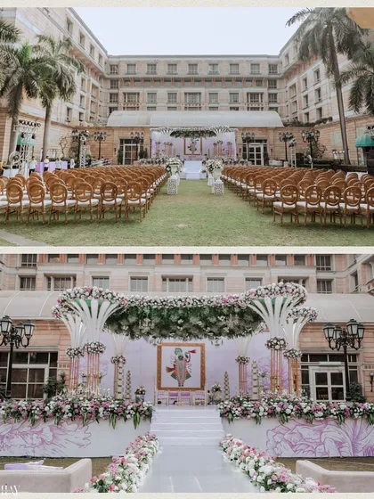 The breathtaking outdoor wedding setup at ITC Maratha, showcasing the elegant mandap and guest seating.