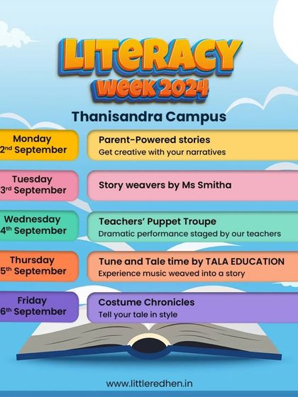 The schedule for our Literacy Week at the Thanisandra campus, featuring parent-powered stories, puppet troupes, music sessions, and costume chronicles.