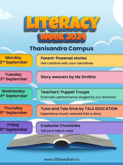 Our annual Literacy Week at the Thanisandra campus is a five-day celebration of stories. The schedule is packed with parent-led stories, puppet shows, music, and a book fair.