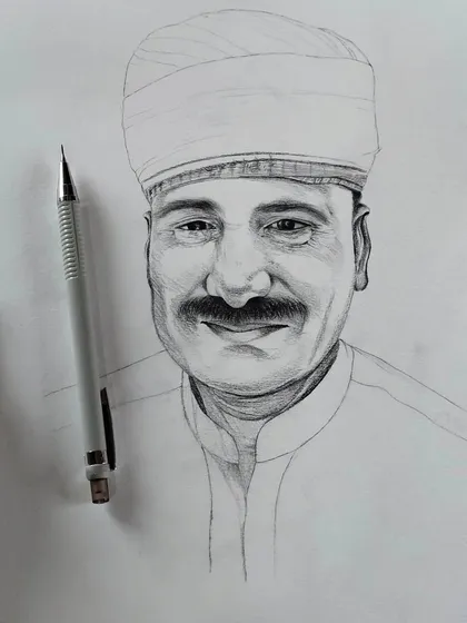 A quick pencil sketch of a Rajasthani man, focusing on capturing a warm expression and the details of his traditional turban. This shows the foundational skill of portraiture that goes into all my work, whether it's a simple sketch or a full-color painting.