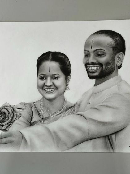 A romantic couple's portrait, where I added a charcoal-drawn rose to enhance the composition. This A3 piece took over 15 hours to complete.