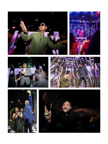 A collage capturing the uninhibited fun of a Sangeet party, from guests dancing with abandon to the couple's own show-stopping performance.
