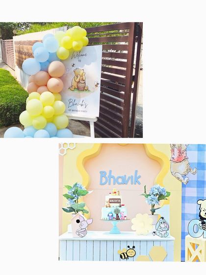 A collage showing the party's welcome sign and the main cake table for Bhavik's Winnie the Pooh celebration.