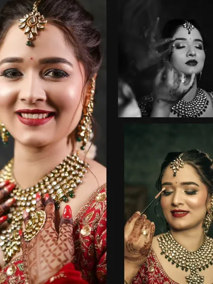 A sample album layout for a bridal getting-ready session, combining a stunning main portrait with smaller photos of the makeup process.
