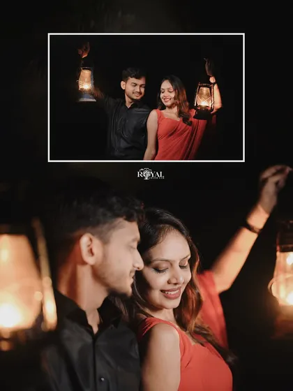 A collage showing a couple using vintage lanterns for a rustic and romantic night shoot.