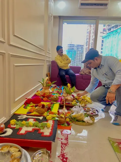 Me, Santosh Nile, personally overseeing the puja arrangements. It is important for me to ensure that every ritual is performed correctly to bring maximum benefit to the homeowners.