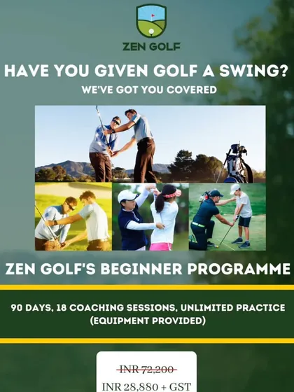 This graphic outlines our complete beginner's golf program. For a fixed price, you get 90 days of access, 18 coaching sessions, and unlimited practice with equipment included.