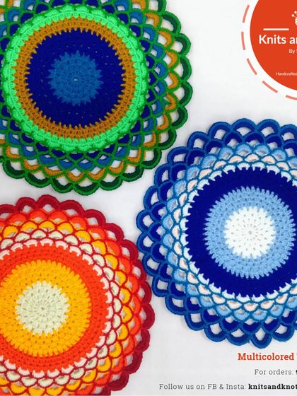 A collection of my multicolored thalposh designs, including the peacock, sunset, and evil eye patterns. You can pick your color, style, and pattern.