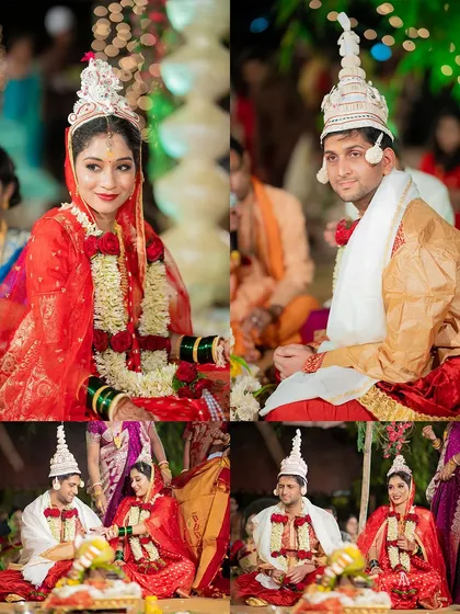 A collage from a Bengali wedding ceremony, showing the bride and groom in their traditional red and gold attire during the rituals.