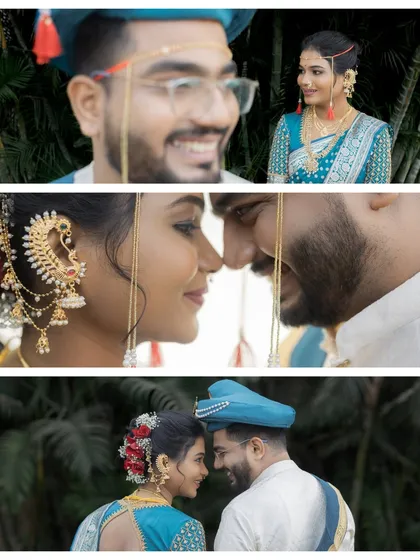 A series of intimate close-ups of a Maharashtrian couple, focusing on their smiles and connection.