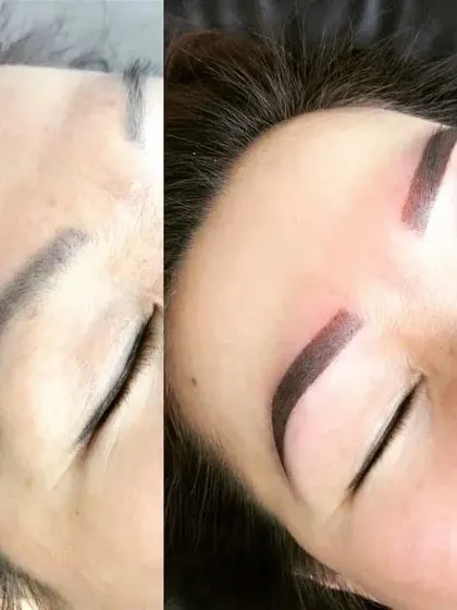 This before and after showcases a bolder, more defined look using a combination or powder brow technique. This is perfect for clients who want a fuller, makeup-like finish that is still semi-permanent and low-maintenance.