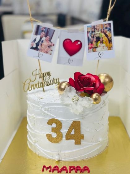 A personalized anniversary cake featuring a photo reel of cherished memories.