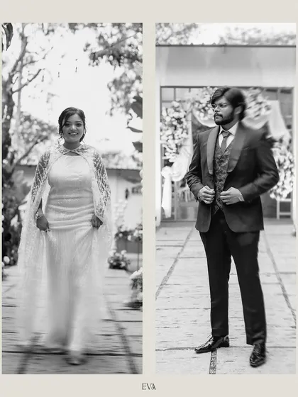 A diptych of the bride and groom in black and white, showcasing their elegant engagement outfits and individual styles.