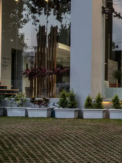 The entrance of the showroom, where landscaping with grass pavers and potted plants softens the transition from the street to the building.