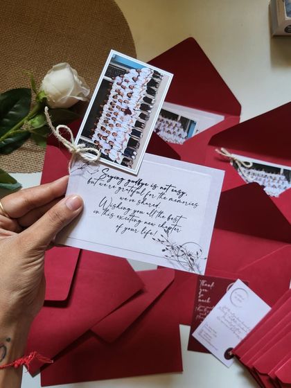 "Saying goodbye is not easy, but we're grateful for the memories." A close-up of one of the farewell cards, showing the heartfelt message.
