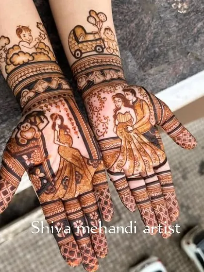 A custom mehendi design for a baby shower, capturing the joy of the expecting parents in a detailed portrait. The design also includes playful elements like a baby in a stroller, celebrating the new life to come.