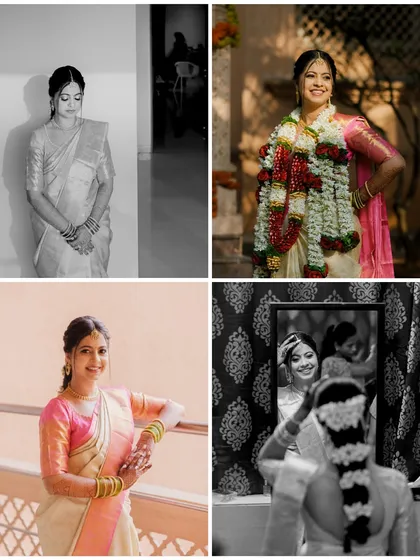 A collage capturing the essence of a South Indian bride's preparation. It includes a classic portrait, a candid moment of joy, and the intricate process of getting her hair and makeup done.