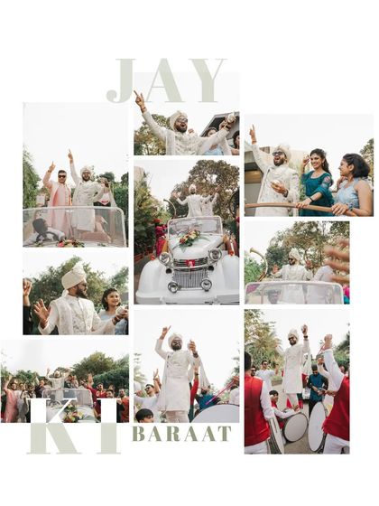 A stylish collage titled "Jay Ki Baraat," showcasing the groom's fun and energetic procession with his friends.