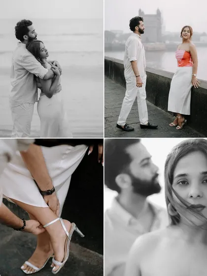 A collection of moments from Anushka and Himanshu's Mumbai shoot, featuring shots by the sea and the Gateway of India. It shows a mix of candid, romantic, and detail-oriented photography.