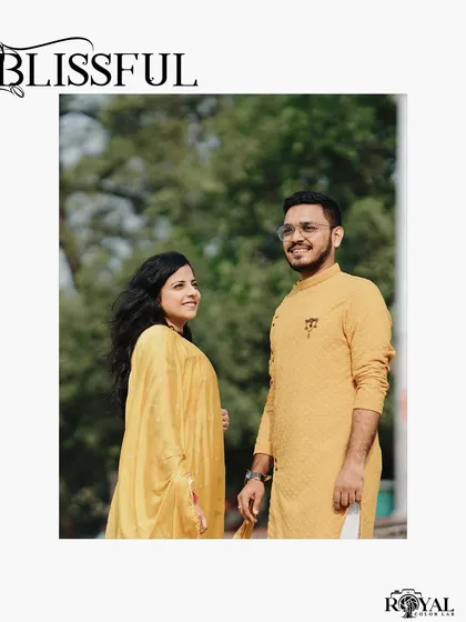 A simple and happy portrait of a couple in matching yellow outfits, titled 'Blissful'.
