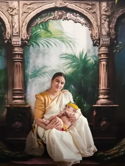 This portrait of Priya Malik celebrating Janmashtami with her newborn became an iconic image, and it holds a special place in my heart. It shows how we can create something truly magical and artistic, turning a photoshoot into a piece of fine art that tells a divine story.