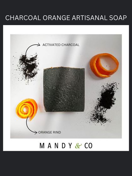 A graphic showcasing the natural ingredients in my Charcoal Orange artisanal soap, encouraging customers to ditch harsh chemicals.