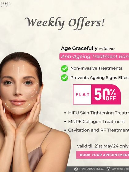 This graphic from our weekly offers highlights a 50% discount on non-invasive anti-ageing treatments like HIFU, MNRF collagen treatment, and Cavitation with RF.