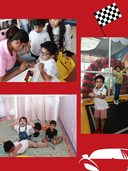 More fun from the car-themed party, with face painting, trampoline jumping, and group play in the cassia seed pit.