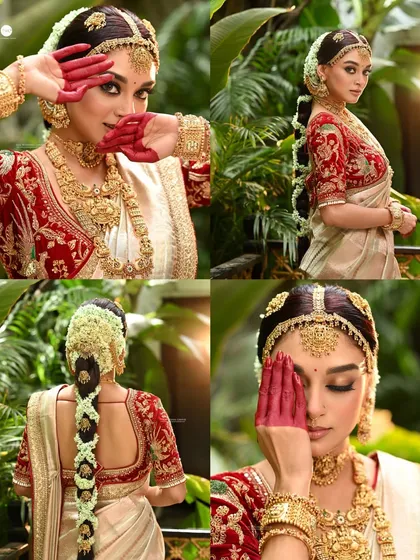 A collage of bridal portraits showing various angles and poses. This format is perfect for lookbooks, as it displays the versatility of the outfit, hair, and makeup in a single glance.