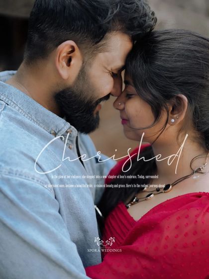 An intimate close-up of a couple embracing, their foreheads touching, with the word "Cherished" beautifully overlaid.