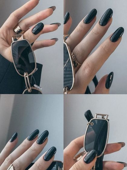A collage of a sleek, glossy black manicure. A classic choice that is always bold and chic.
