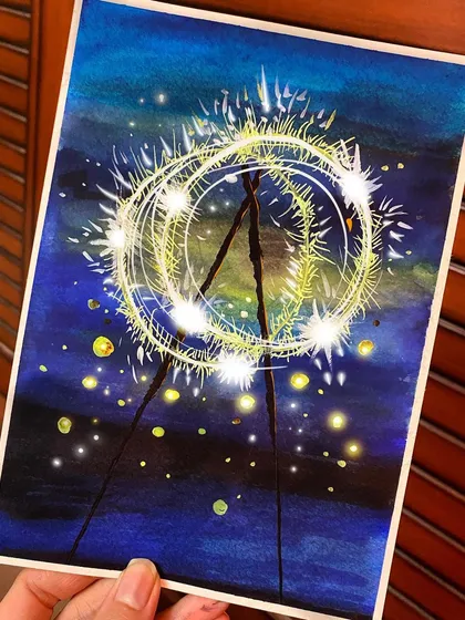 An abstract painting of fireworks against a dark blue watercolor sky. I used white and yellow paint to create the bright, explosive sparks for a celebratory feel.