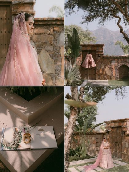 A collage of bridal preparation moments. From the dress hanging in a rustic setting to the bride's quiet moments of reflection, this collection captures the anticipation before the wedding.