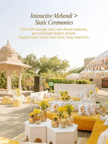 A trend focus on interactive Mehendi ceremonies, featuring ideas like DIY bangle bars and live sketch artists to create a more engaging and fun event.