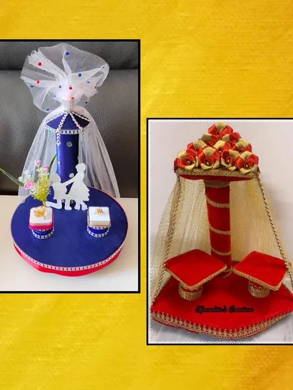 Beautifully decorated ring ceremony trays, perfect for weddings and engagements. We offer specialized workshops for creating custom event accessories.