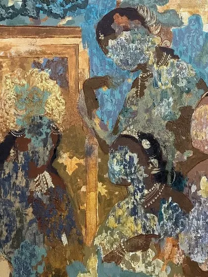 A detail from the "Ajanta" painting, showing the fragmented figures of dancers. I used a palette knife and mixed media to evoke the feeling of a weathered, ancient fresco.