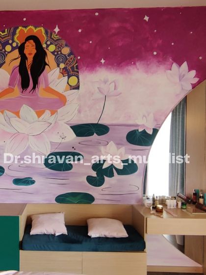 Colors can completely change the mood of a space. This meditation-themed mural, with a serene figure on a lotus, was designed to create a peaceful and spiritual sanctuary in this bedroom.